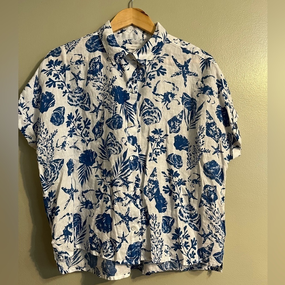 CCaliforni Womens 100% Linen Boho Seashell Printed White Blue Button Boxy Top L
